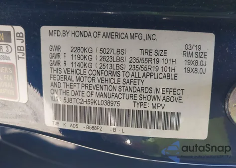 2019 Acura Rdx Technology Package z USA, uszkodzony, nr VIN 5J8TC2H59KL038975